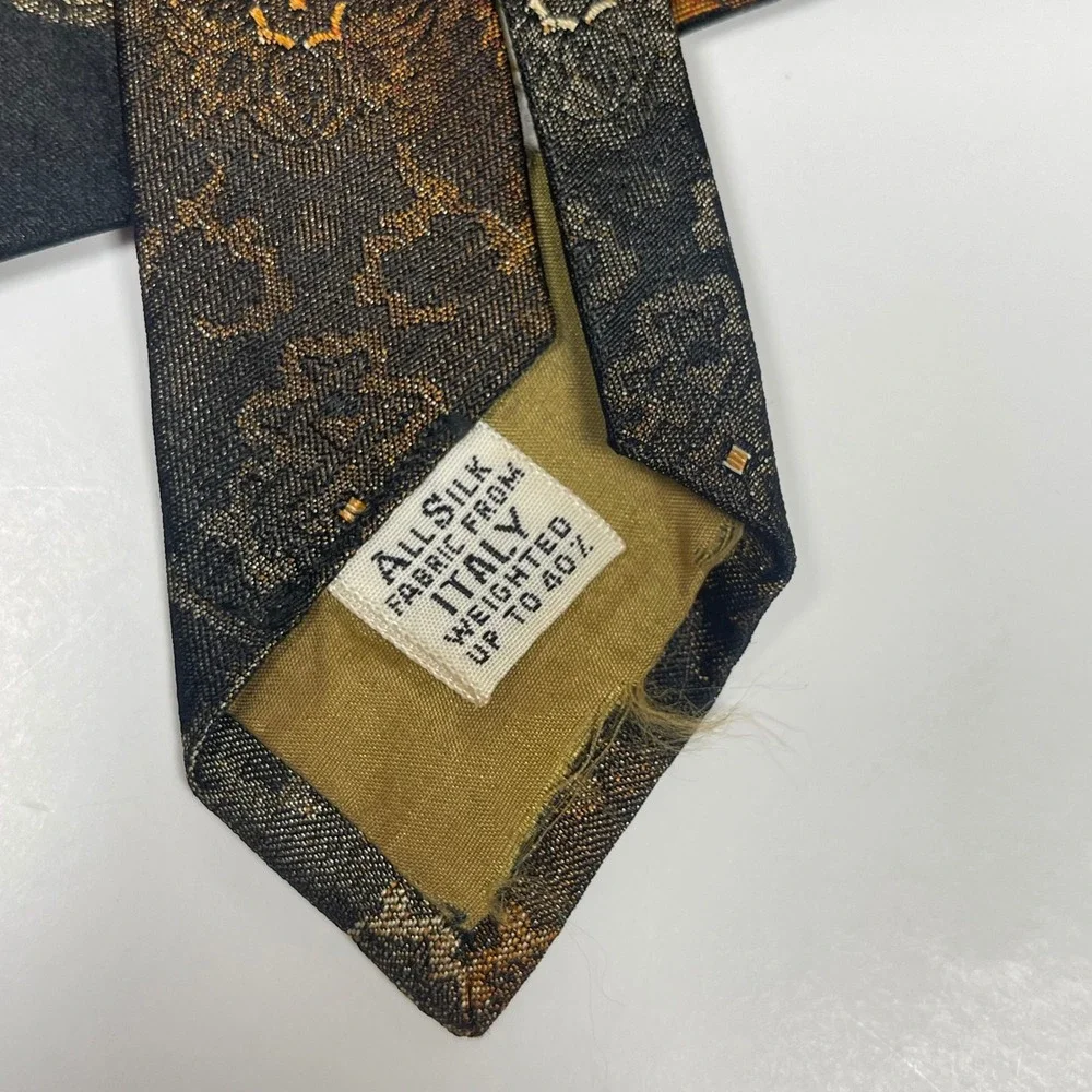 Vintage Italian Silk Medallion Necktie Tie Brown Black Ornate Geometric 70s MCM